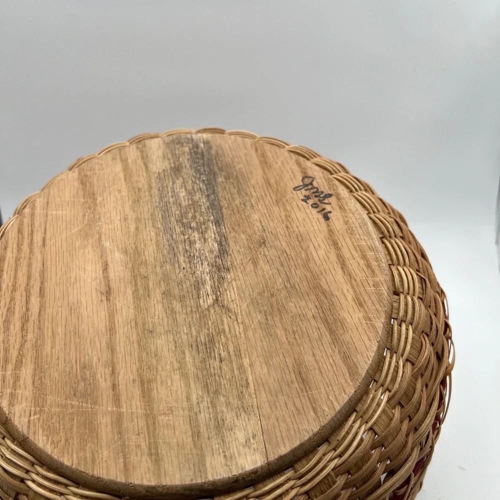 Handmade Round Woven Basket Wood Base Red Accent Band Bentwood Handles 11in
